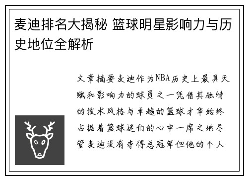 麦迪排名大揭秘 篮球明星影响力与历史地位全解析