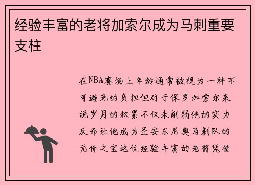 经验丰富的老将加索尔成为马刺重要支柱